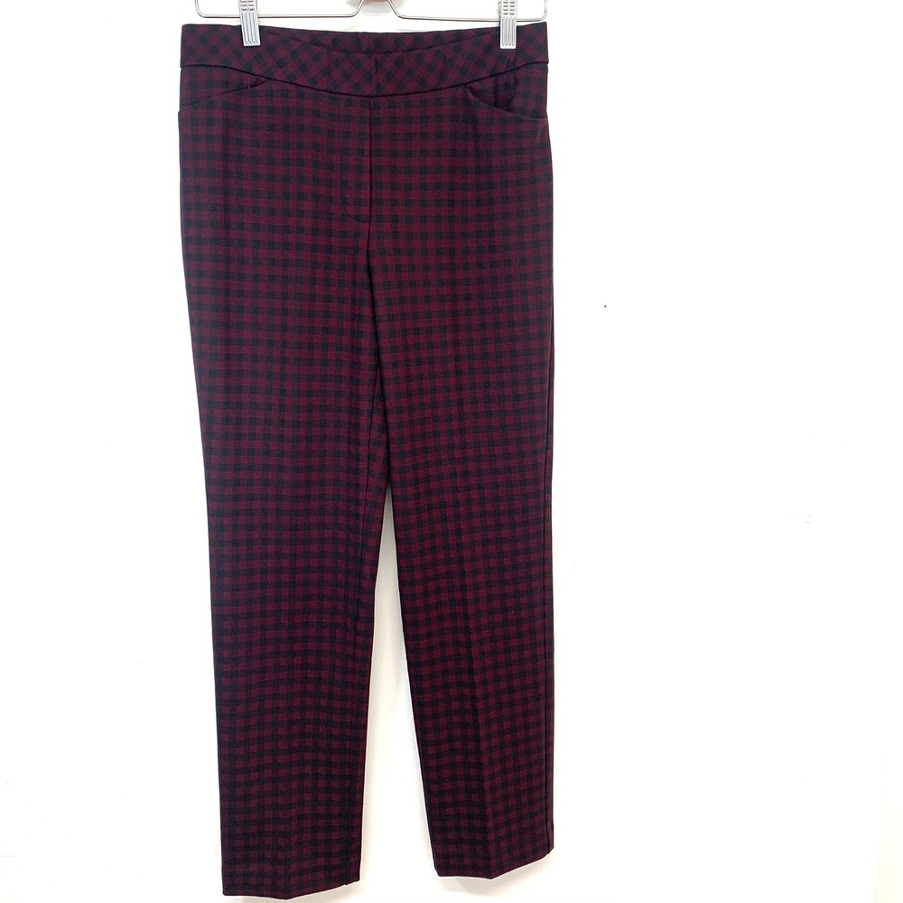 J.Jill Ponte Slim Leg‎ Pants Burgundy Black Gingham Check Woman Petite Small